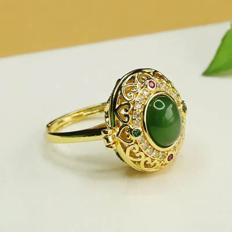 Jasper Green Jade Ring with Gold Plated Design
