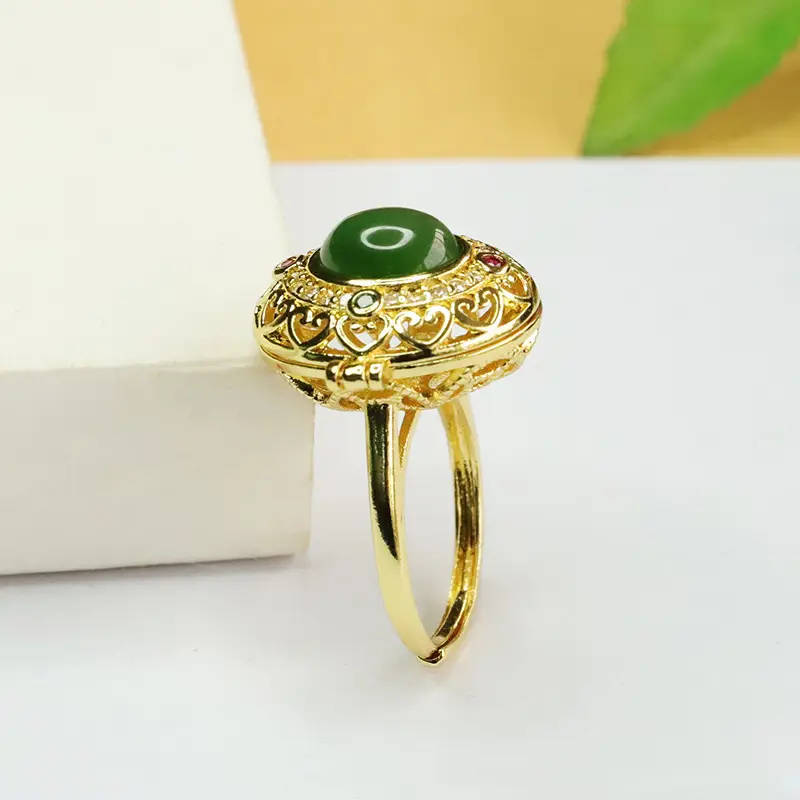 Jasper Green Jade Ring with Gold Plated Design
