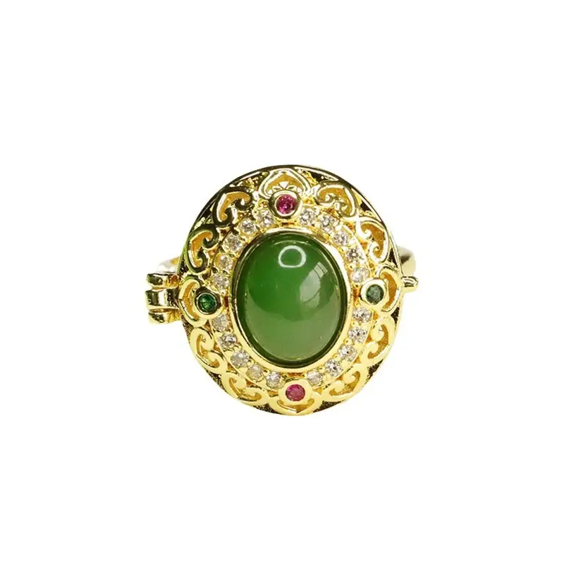 Jasper Green Jade Ring with Gold Plated Design