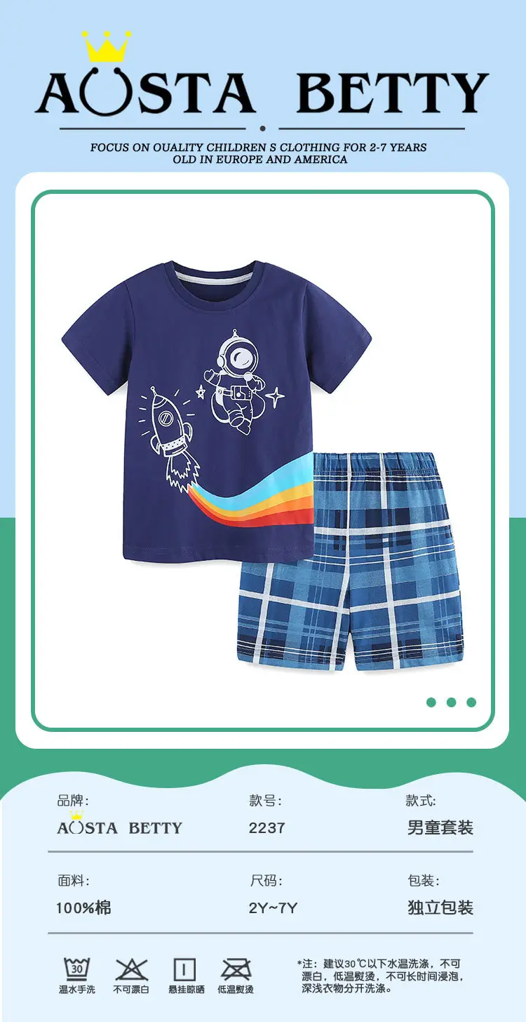Boy's Blue Plaid T-Shirt Shorts Set Summer Small Medium — feature 33
