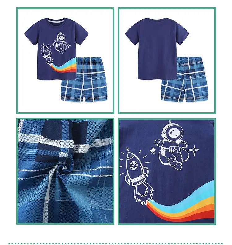 Boy's Blue Plaid T-Shirt Shorts Set Summer Small Medium — feature 38