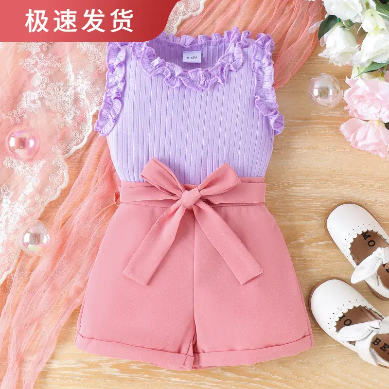 Purple Ruffled Vest & Shorts Set for Girls - Image 2