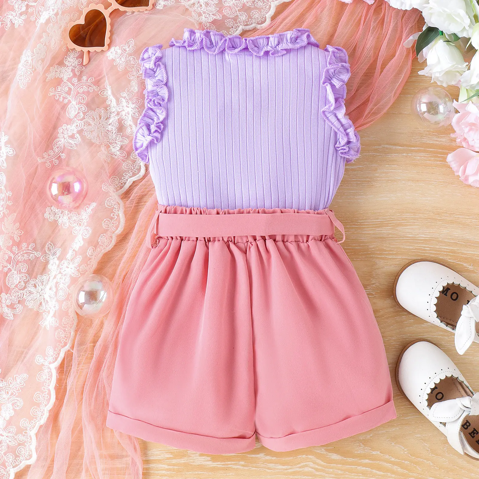 Purple Ruffled Vest & Shorts Set for Girls - Image 3