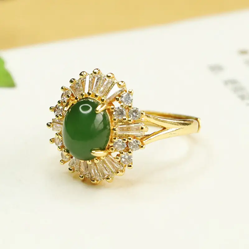 Green Jade Jasper Ring for Women with Diamond Set - Image 4