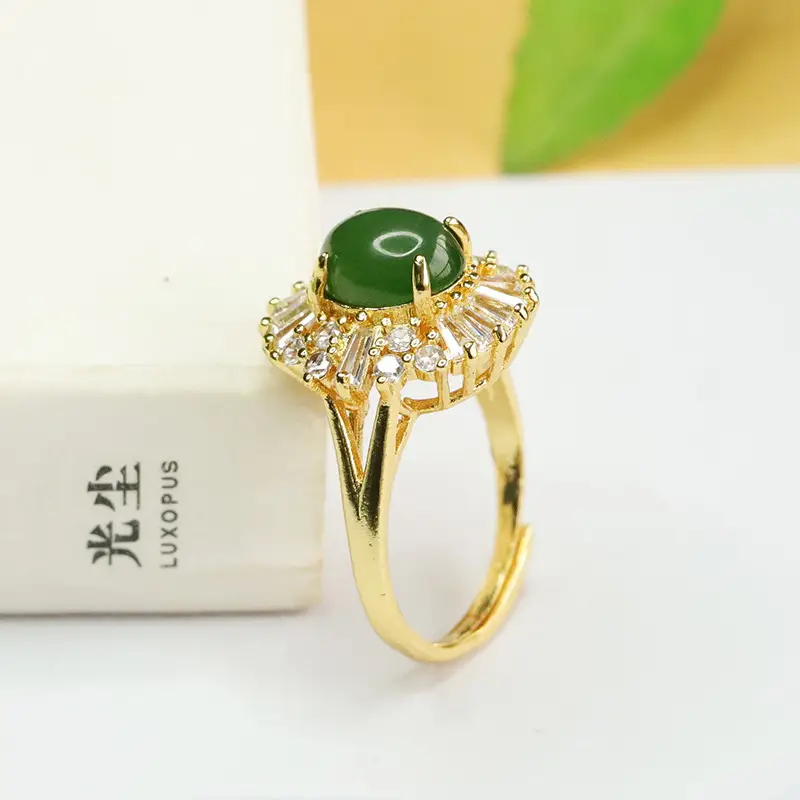 Green Jade Jasper Ring for Women with Diamond Set - Image 5