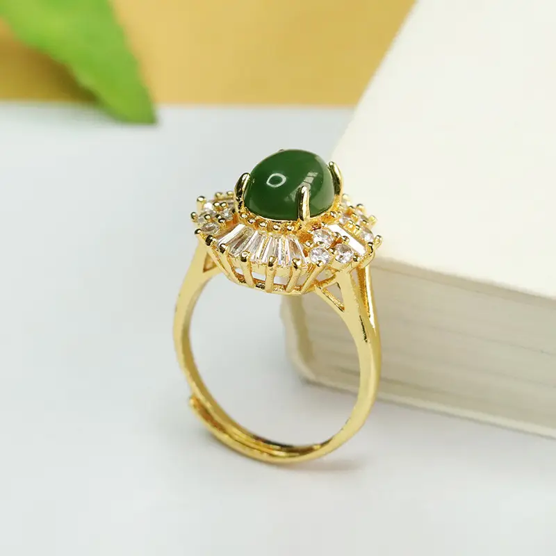 Green Jade Jasper Ring for Women with Diamond Set — feature 9