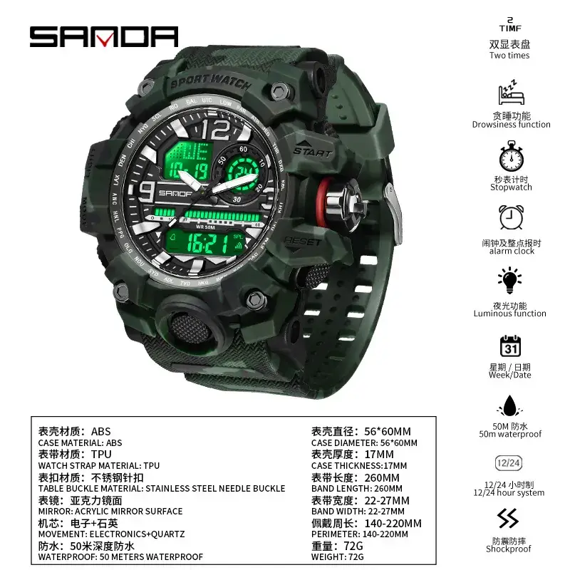 Sanda Camouflage Waterproof Electronic Watch for Men - Image 26