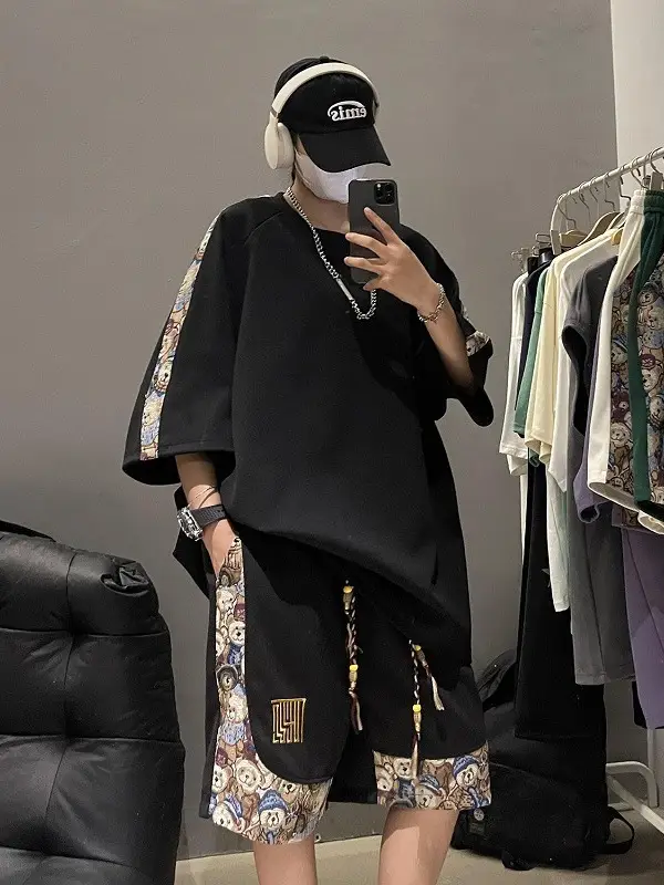 Men Chinese Embroidered Sports Suit Black with Embroidered Pants