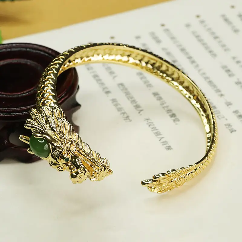 Zodiac Dragon Jade Bangle Bracelet Gold Green