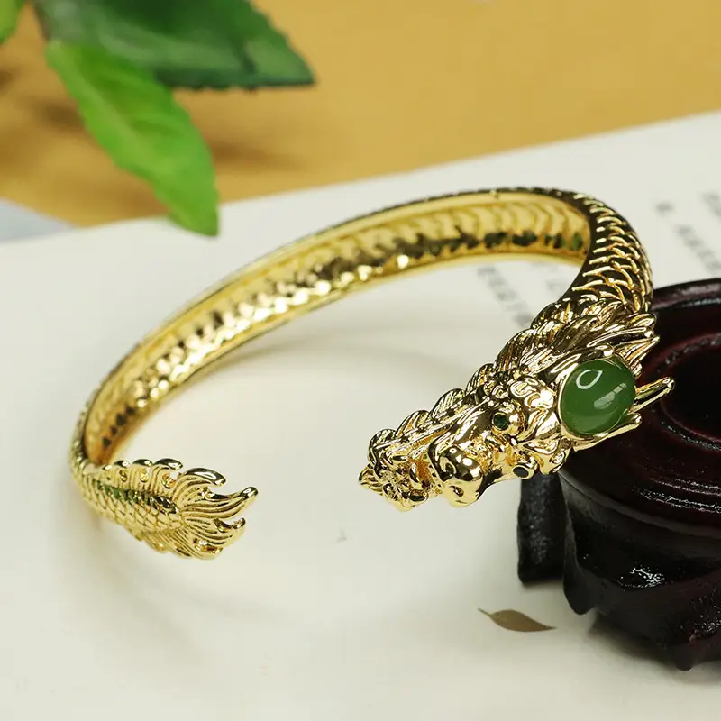 Zodiac Dragon Jade Bangle Bracelet Gold Green