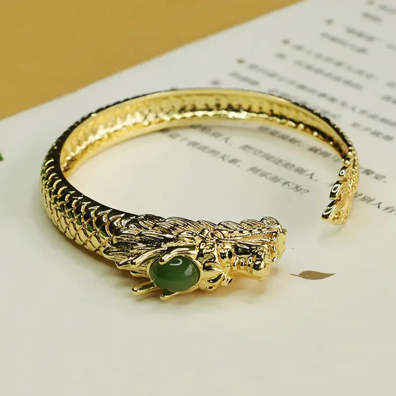 Zodiac Dragon Jade Bangle Bracelet Gold Green