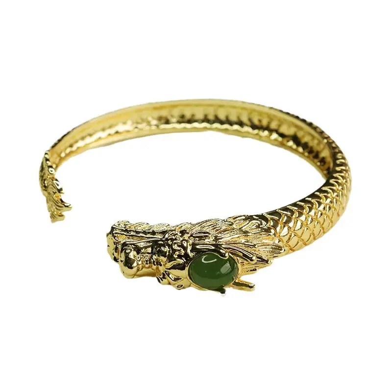 Zodiac Dragon Jade Bangle Bracelet Gold Green