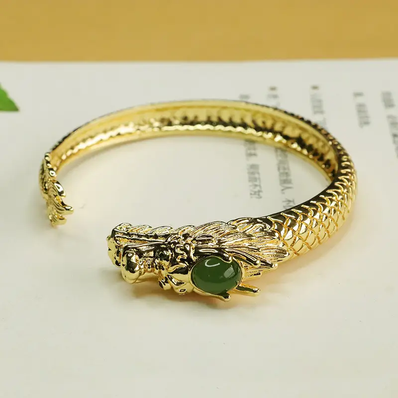 Zodiac Dragon Jade Bangle Bracelet Gold Green — feature 1