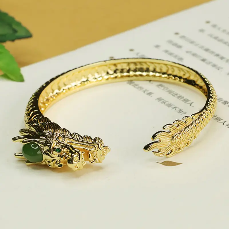 Zodiac Dragon Jade Bangle Bracelet Gold Green — feature 5