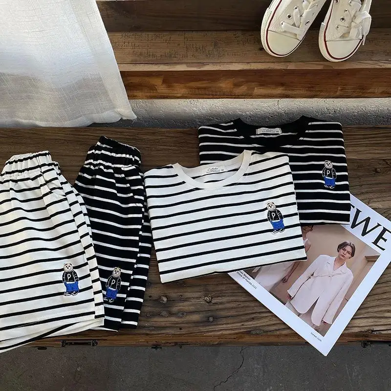 Boys Striped T-Shirt Bear Embroidered Summer Casual Two-Piece Set - Image 4