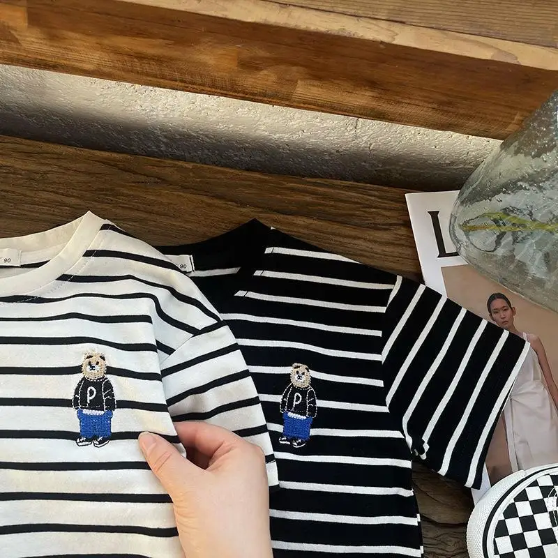 Boys Striped T-Shirt Bear Embroidered Summer Casual Two-Piece Set - Image 6