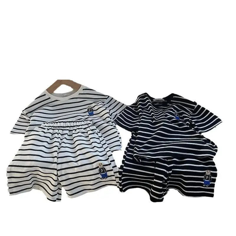 Boys Striped T-Shirt Bear Embroidered Summer Casual Two-Piece Set - Image 7