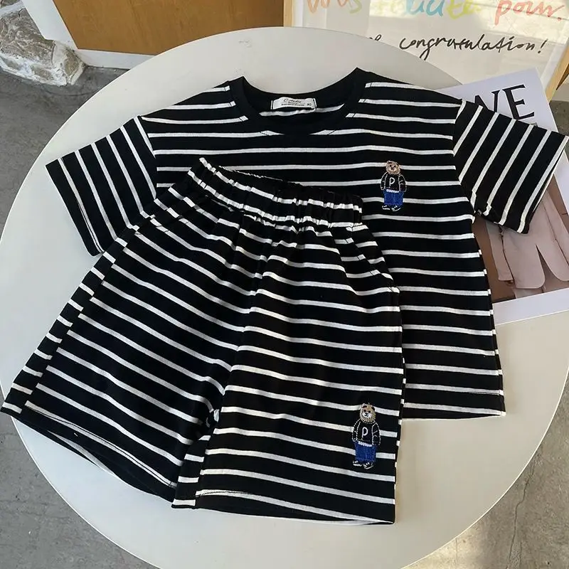 Boys Striped T-Shirt Bear Embroidered Summer Casual Two-Piece Set - Image 2