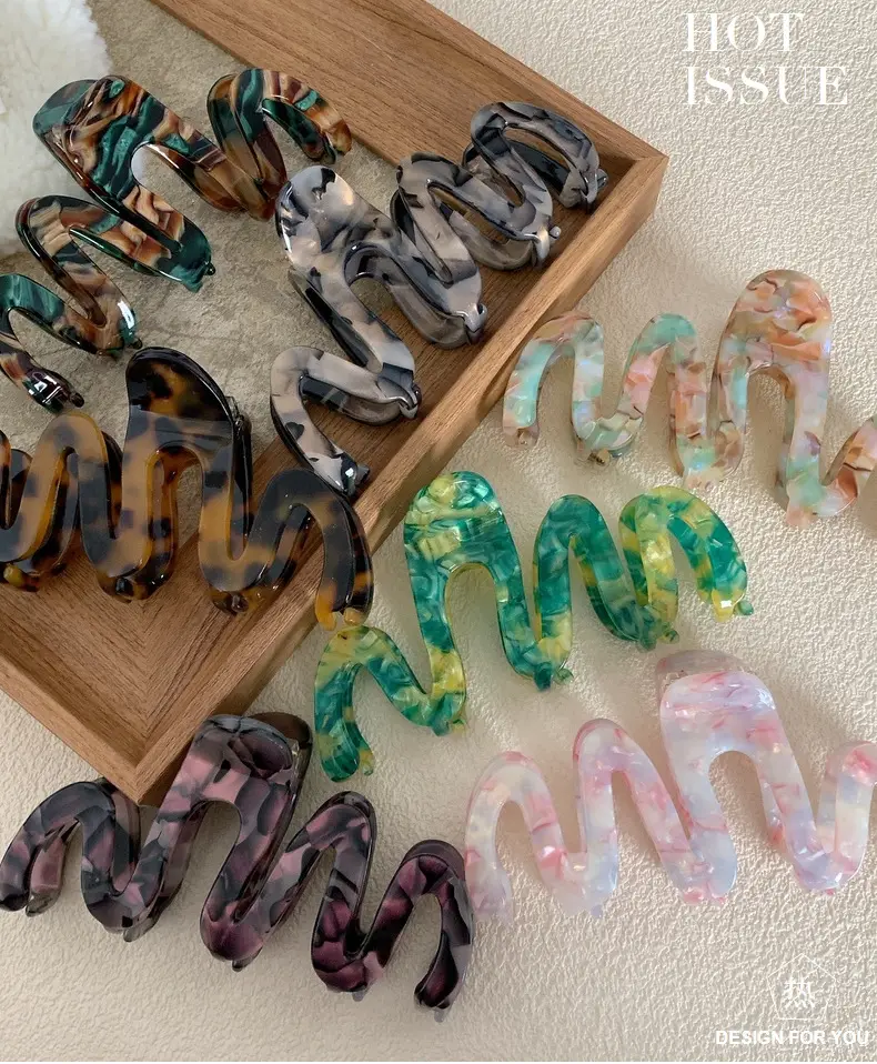 High-Grade Wave Acrylic Hair Pins Green Yellow — feature 3