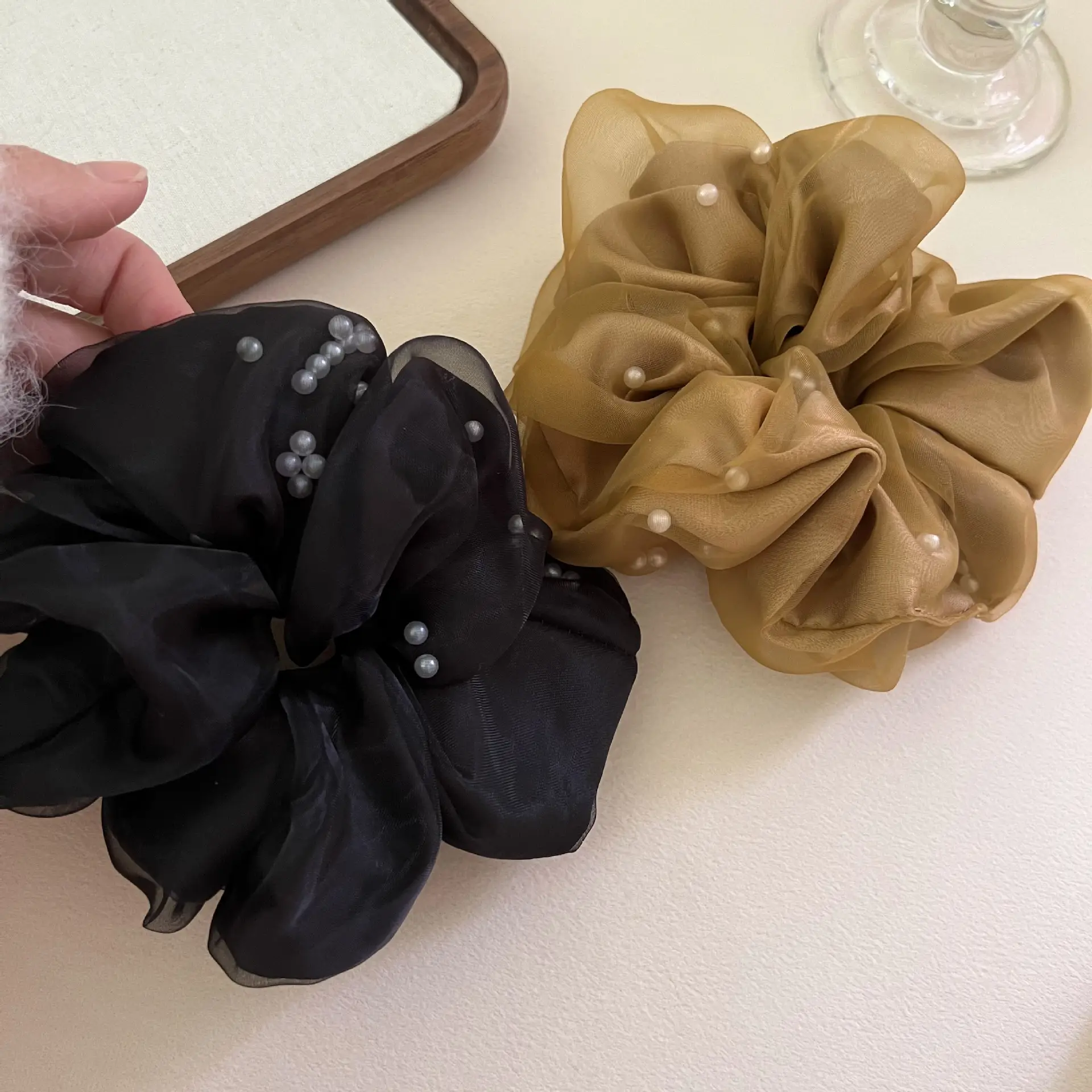 Faux Pearl Hair Rings for Women - Black, White & Brown - Image 7