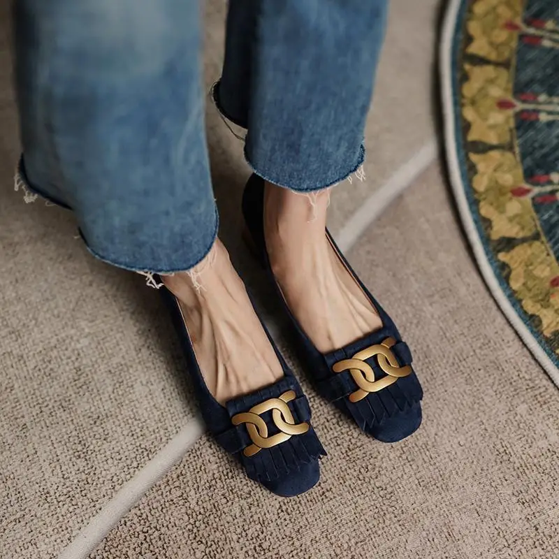 French Retro Frosted Loafers Women Dark Blue Medium Heel