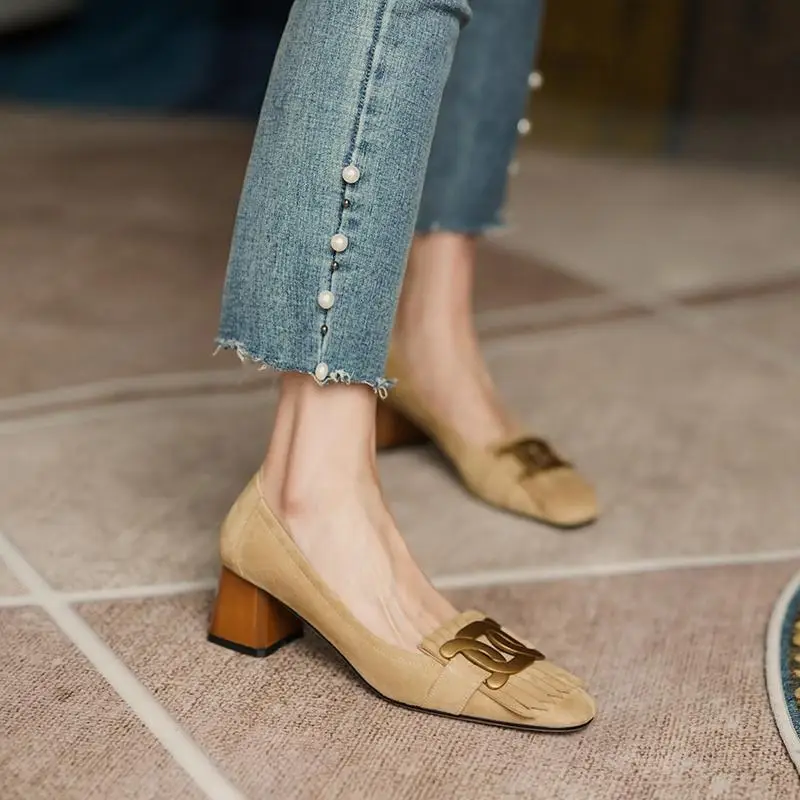 French Retro Frosted Loafers Women Dark Blue Medium Heel