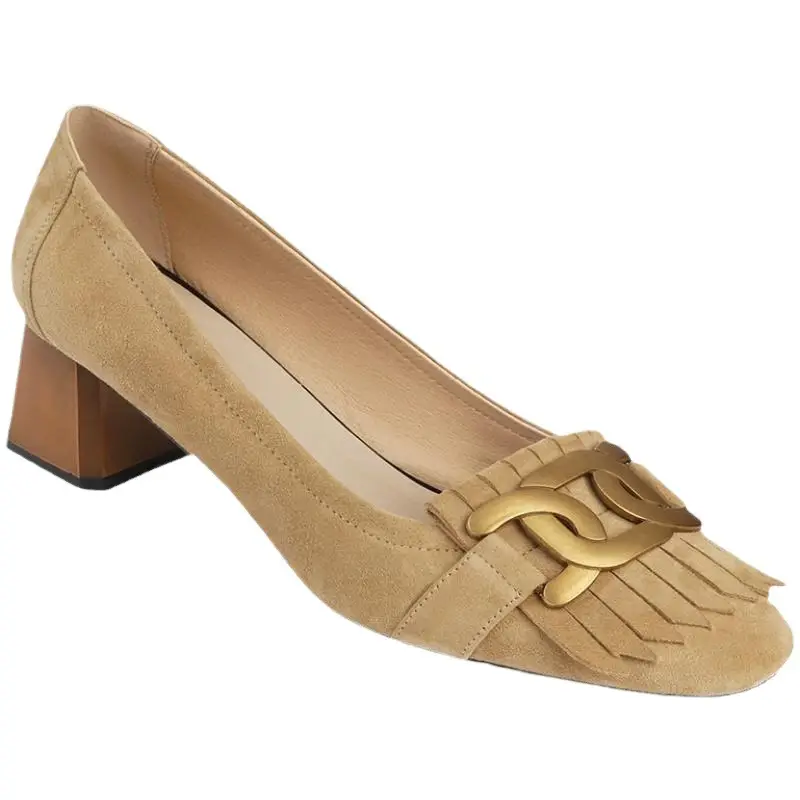French Retro Frosted Loafers Women Dark Blue Medium Heel