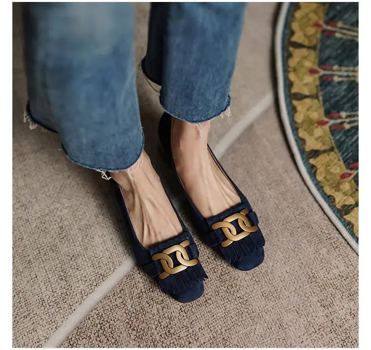 French Retro Frosted Loafers Women Dark Blue Medium Heel — feature 3