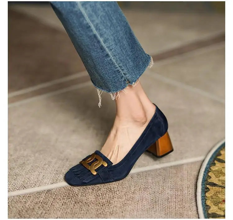 French Retro Frosted Loafers Women Dark Blue Medium Heel — feature 4