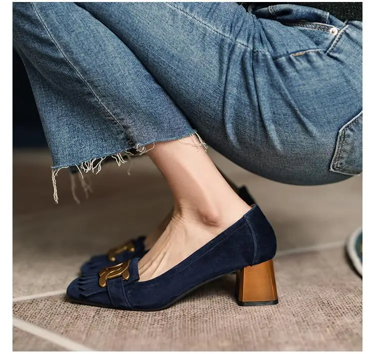 French Retro Frosted Loafers Women Dark Blue Medium Heel — feature 5