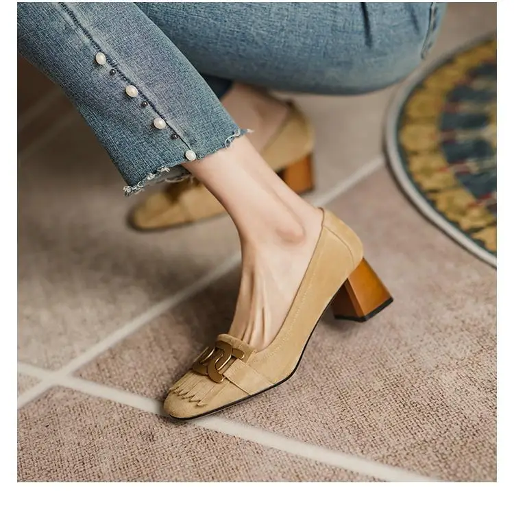 French Retro Frosted Loafers Women Dark Blue Medium Heel — feature 8