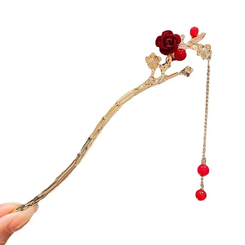 Red Velvet Butterfly Hairpin for Women, Antique Hanfu, Autumn Winter, Tassel Decor - Image 11