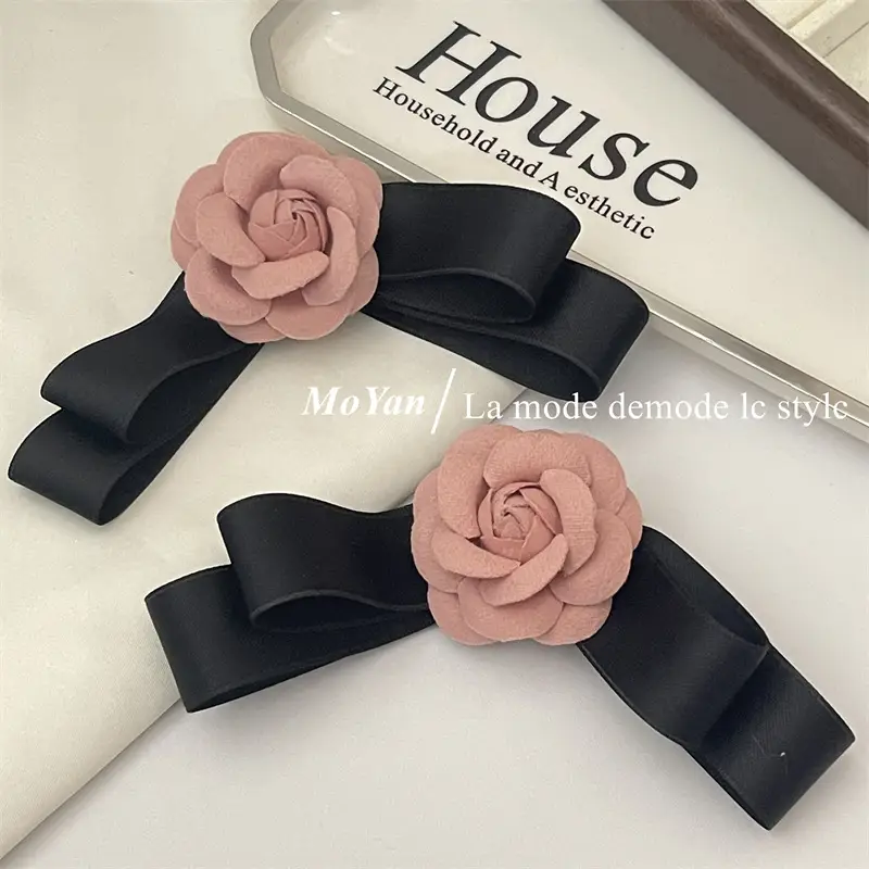 Black Camellia Bow Hairpin with Pink Rose Decor - Image 2