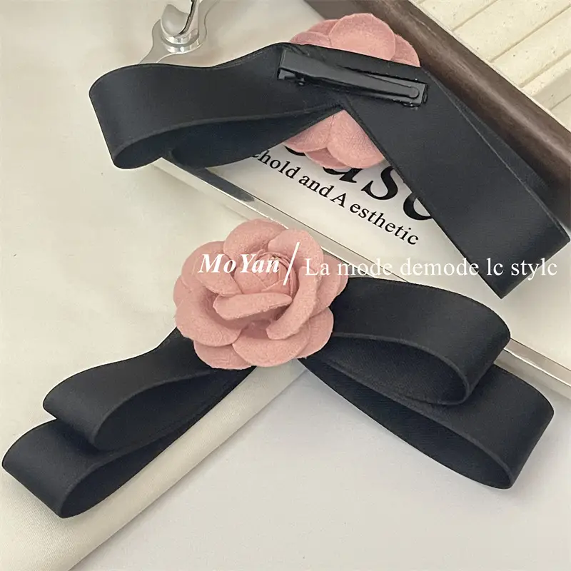 Black Camellia Bow Hairpin with Pink Rose Decor — feature 10
