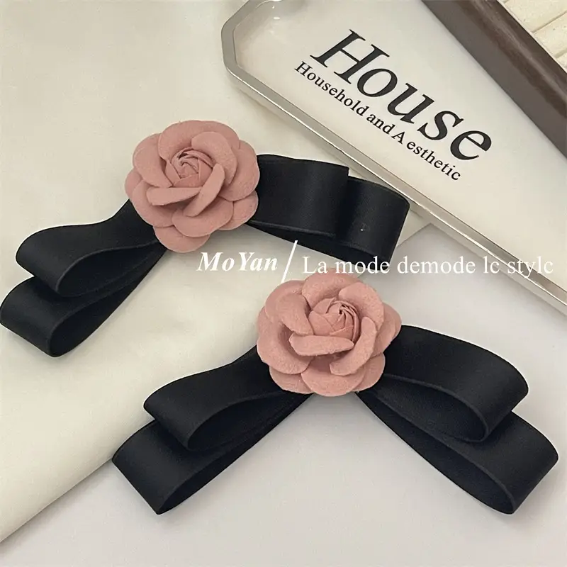 Black Camellia Bow Hairpin with Pink Rose Decor — feature 8