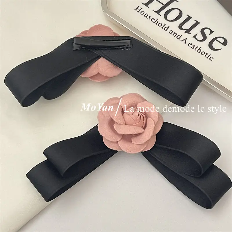 Black Camellia Bow Hairpin with Pink Rose Decor — feature 9