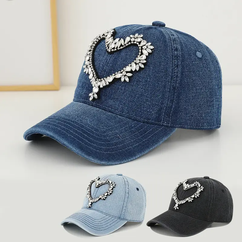 Women Denim Baseball Cap with Heart Rhinestone Design - Image 4
