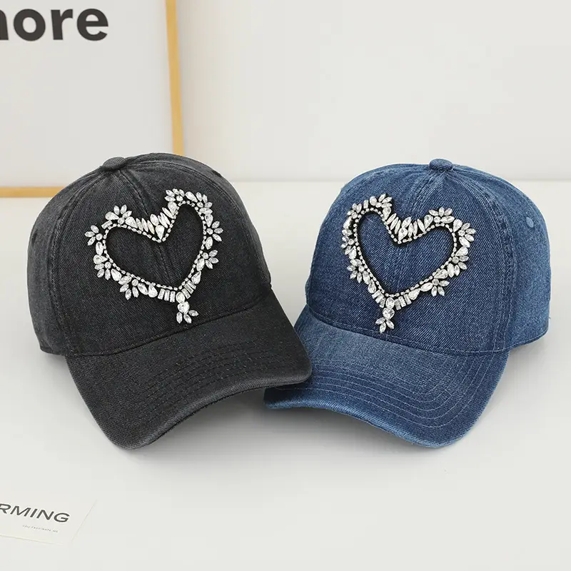 Women Denim Baseball Cap with Heart Rhinestone Design - Image 5