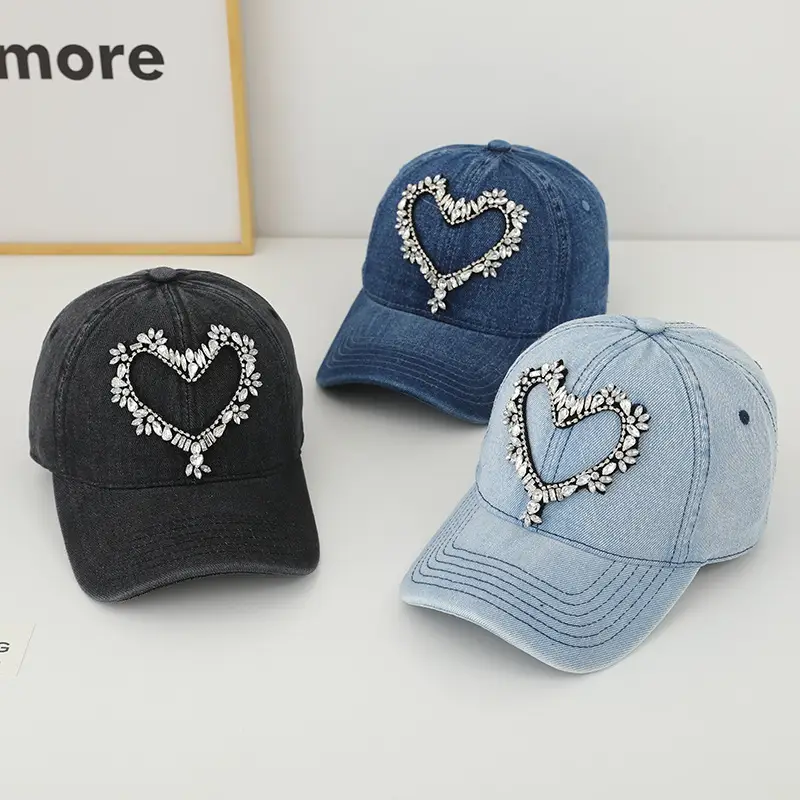 Women Denim Baseball Cap with Heart Rhinestone Design - Image 6