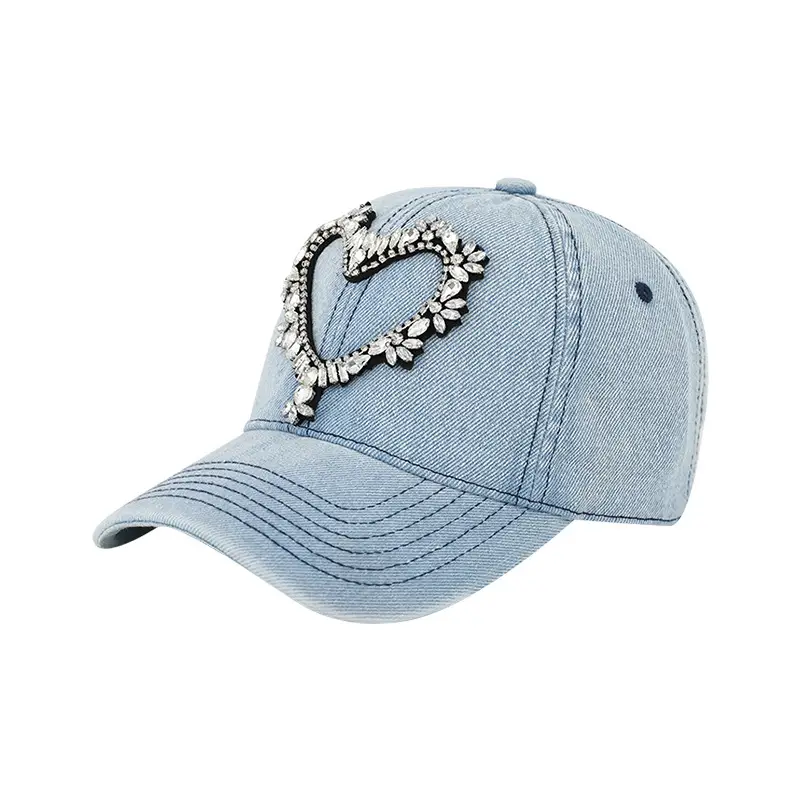Women Denim Baseball Cap with Heart Rhinestone Design - Image 8
