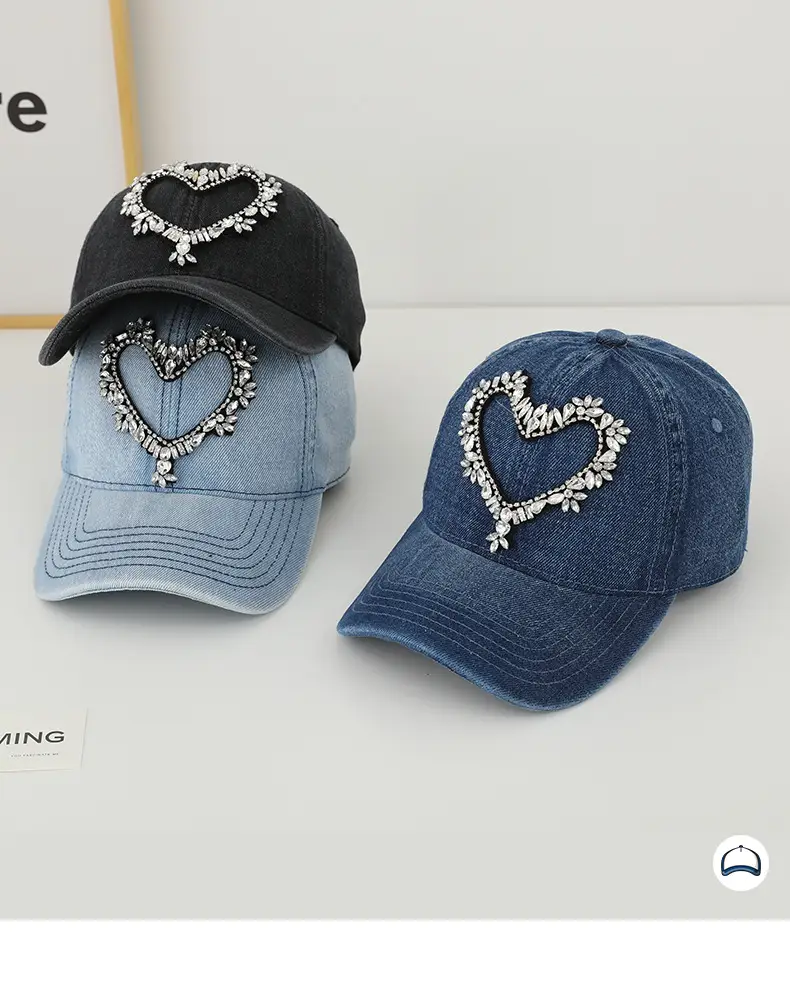 Women Denim Baseball Cap with Heart Rhinestone Design — feature 17