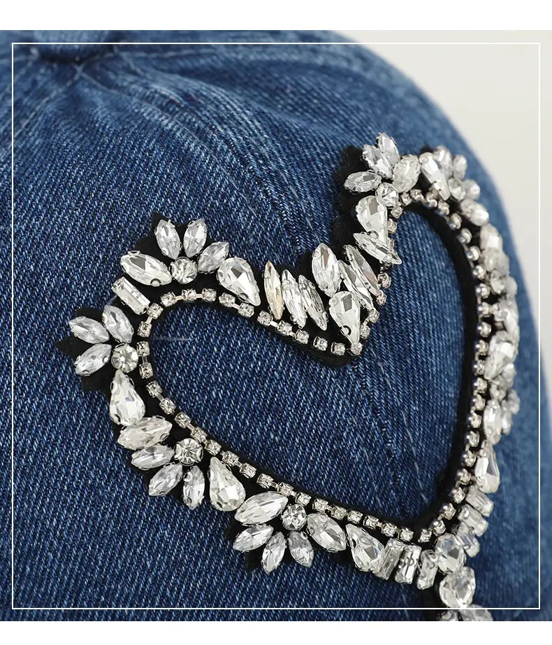 Women Denim Baseball Cap with Heart Rhinestone Design — feature 20