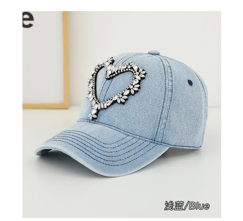 Women Denim Baseball Cap with Heart Rhinestone Design — feature 22