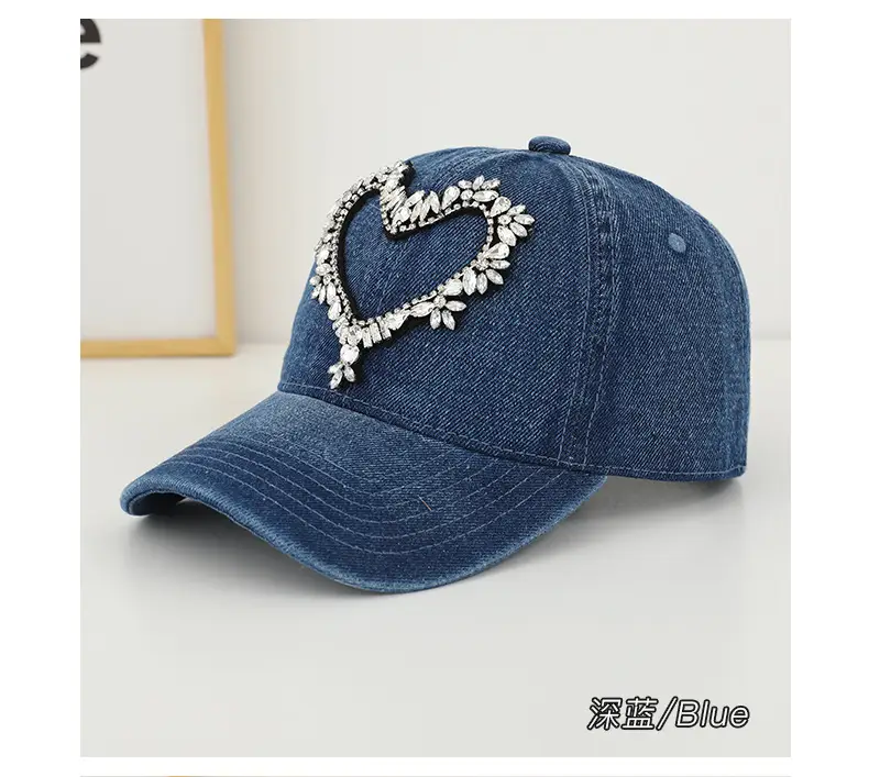 Women Denim Baseball Cap with Heart Rhinestone Design — feature 23