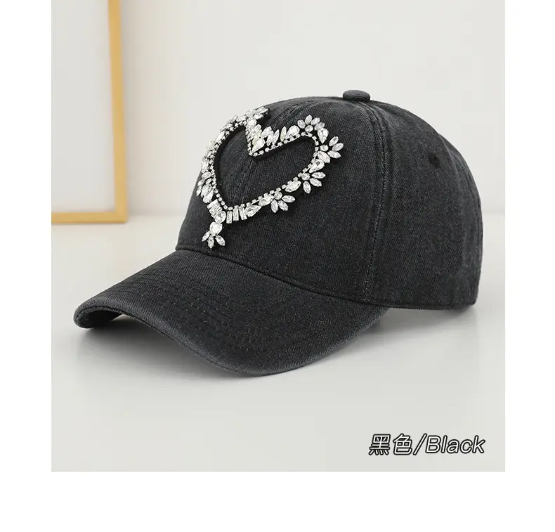 Women Denim Baseball Cap with Heart Rhinestone Design — feature 24