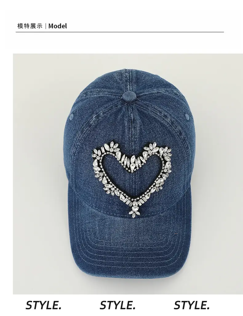 Women Denim Baseball Cap with Heart Rhinestone Design — feature 26