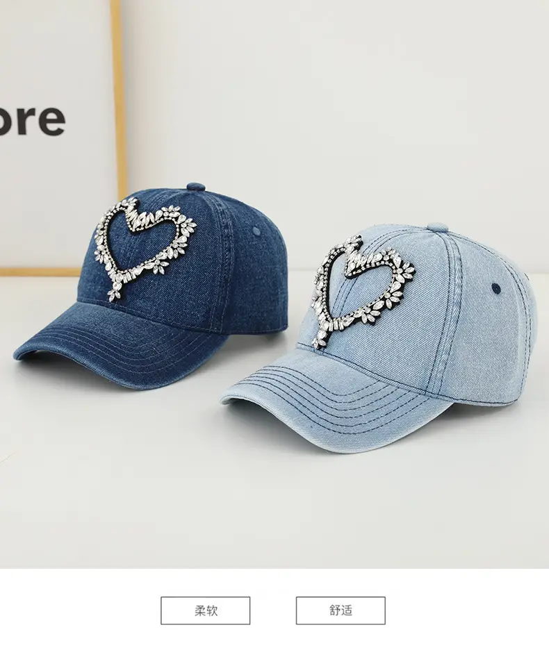 Women Denim Baseball Cap with Heart Rhinestone Design — feature 27