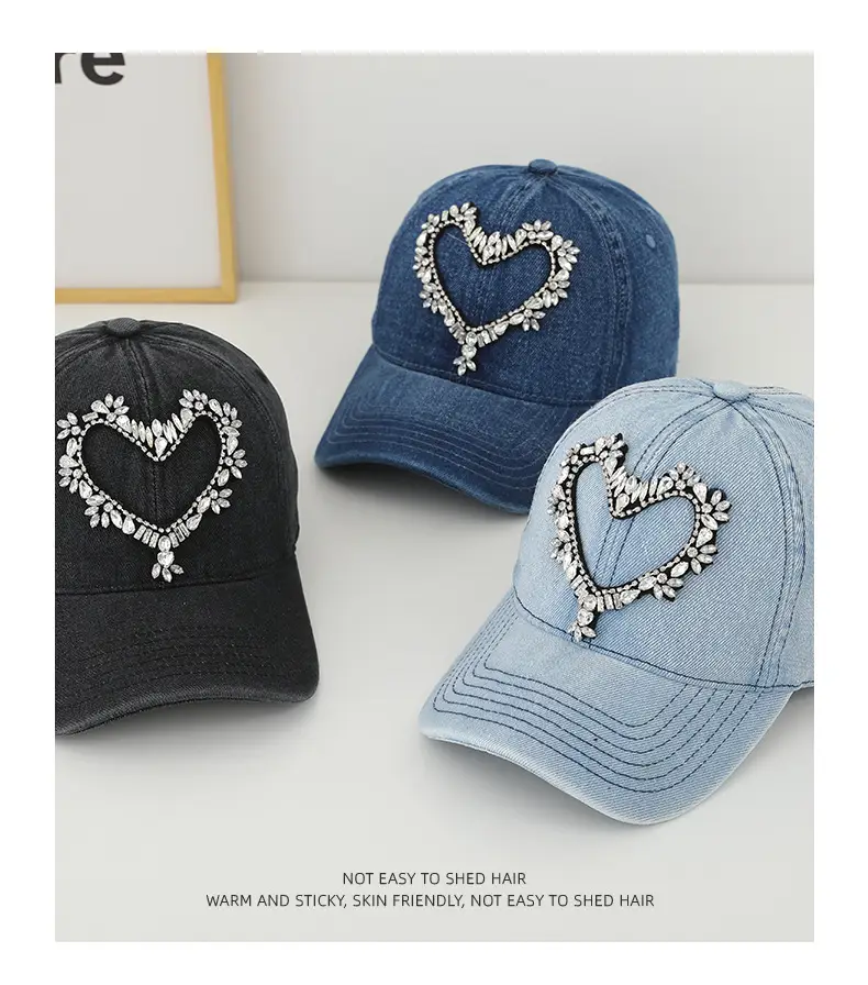 Women Denim Baseball Cap with Heart Rhinestone Design — feature 28