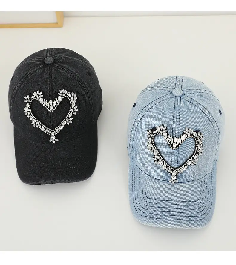 Women Denim Baseball Cap with Heart Rhinestone Design — feature 29