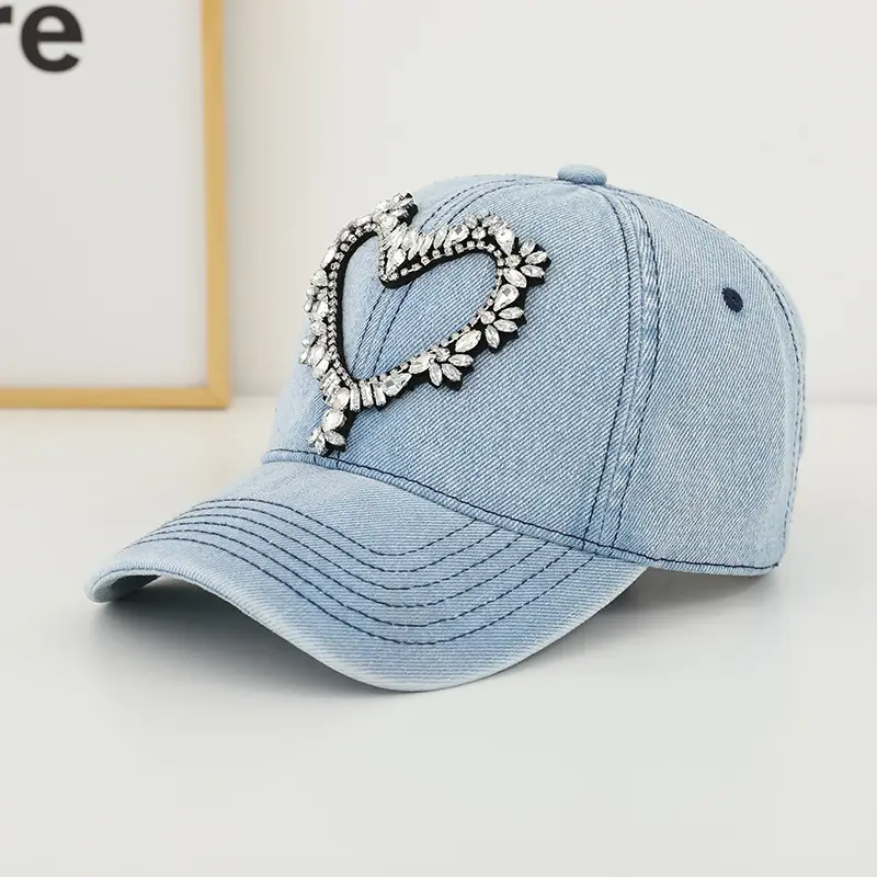 Women Denim Baseball Cap with Heart Rhinestone Design - Image 2
